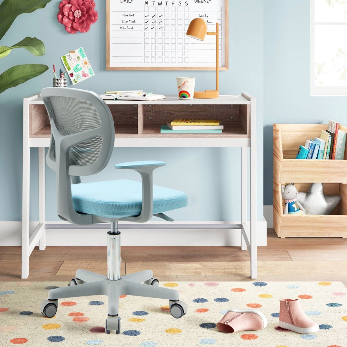 Livsk costway in hoogte verstelbaar kinderbureau en bureaustoel blauwe ergonomische tafel en draaibare mesh zitting 6