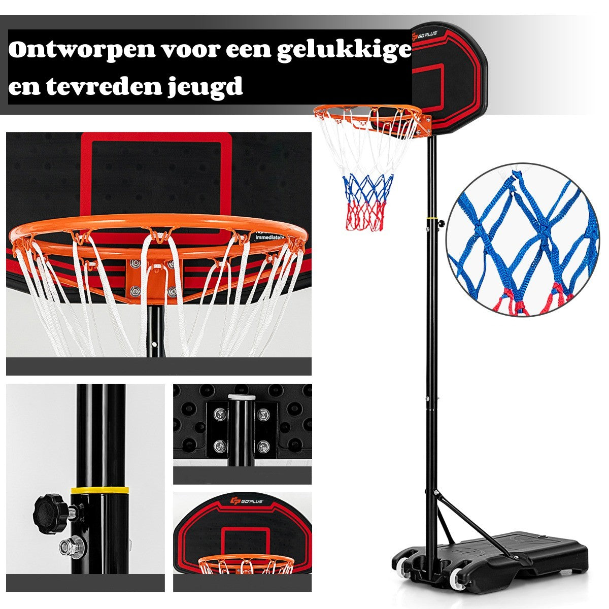 LIVSK Verstelbare Basketbalring voor Kinderen - Weerbestendig - Hoogwaardige Materialen - Draagbaar - 155-210 cm - Zwart & Rood