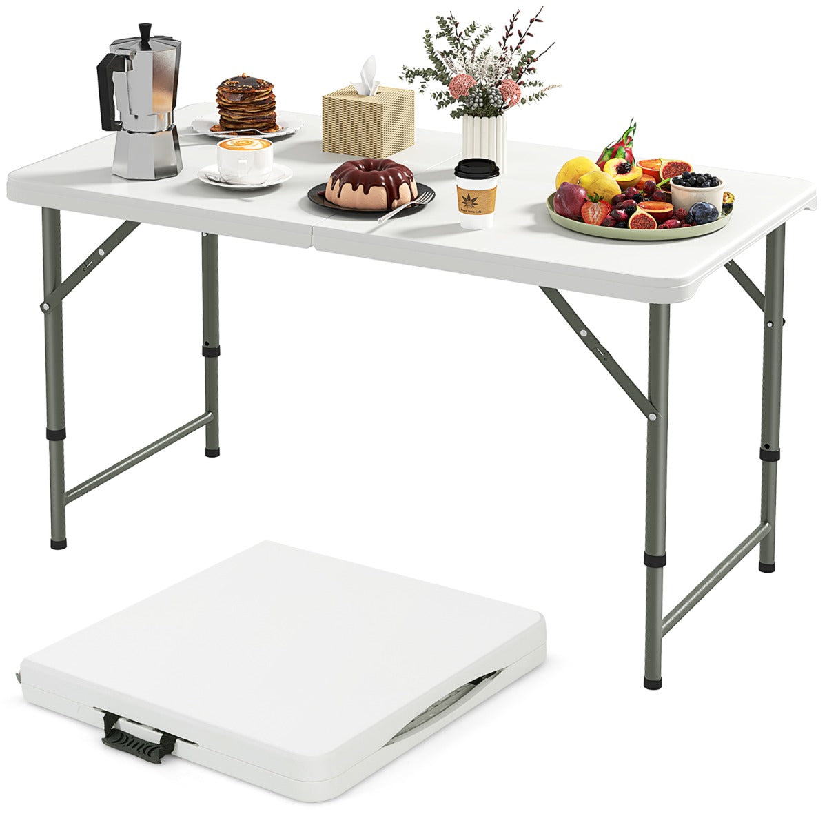 LIVSK Draagbare Campingtafel - Verstelbare Hoogte 50/62/74 cm - HDPE Tafelblad - Inklapbaar met Draaggreep - Tot 180 kg - Wit