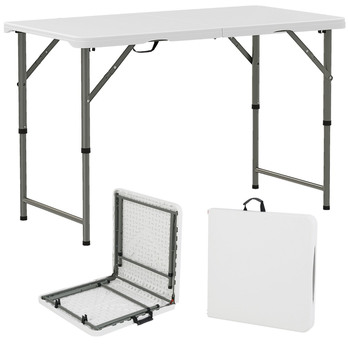 LIVSK Draagbare Campingtafel - Verstelbare Hoogte 50/62/74 cm - HDPE Tafelblad - Inklapbaar met Draaggreep - Tot 180 kg - Wit