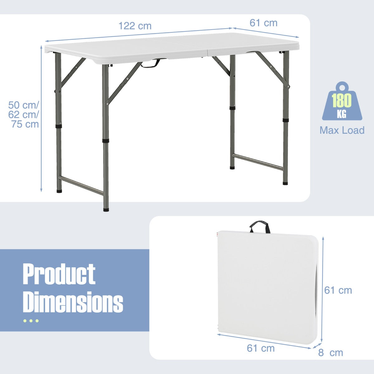 LIVSK Draagbare Campingtafel - Verstelbare Hoogte 50/62/74 cm - HDPE Tafelblad - Inklapbaar met Draaggreep - Tot 180 kg - Wit