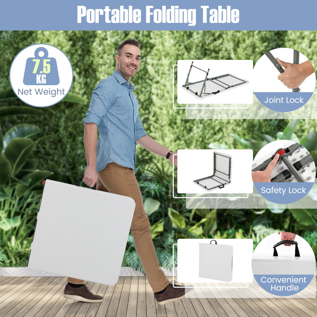 LIVSK Draagbare Campingtafel - Verstelbare Hoogte 50/62/74 cm - HDPE Tafelblad - Inklapbaar met Draaggreep - Tot 180 kg - Wit