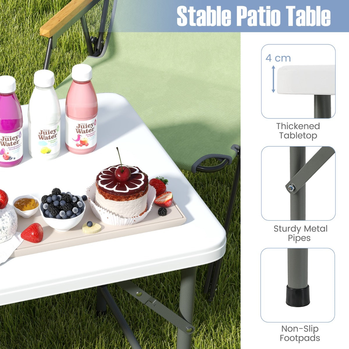 LIVSK Draagbare Campingtafel - Verstelbare Hoogte 50/62/74 cm - HDPE Tafelblad - Inklapbaar met Draaggreep - Tot 180 kg - Wit