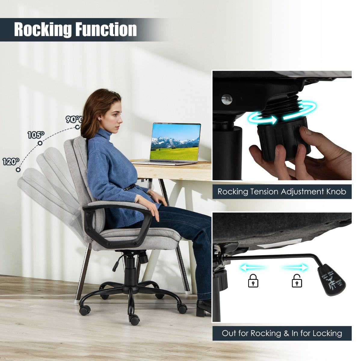 LIVSK Ergonomische Bureaustoel - Verstelbaar van 104-114 cm - Gebogen Rugleuning - Stevig 5-sterrenonderstel - Zwart + Grijs