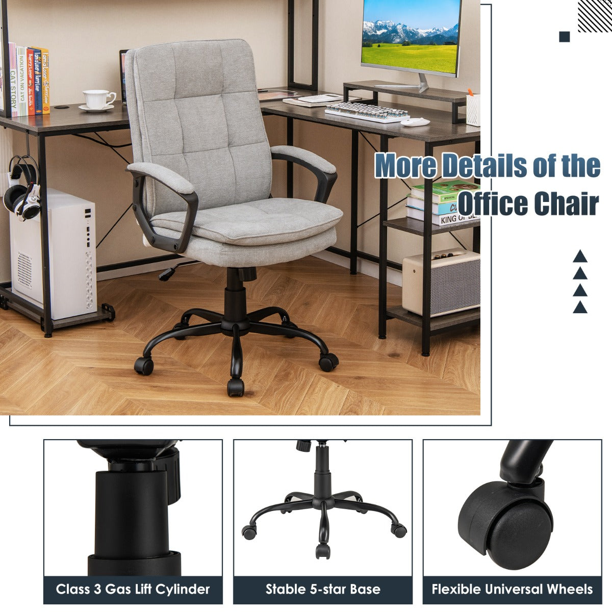 LIVSK Ergonomische Bureaustoel - Verstelbaar van 104-114 cm - Gebogen Rugleuning - Stevig 5-sterrenonderstel - Zwart + Grijs