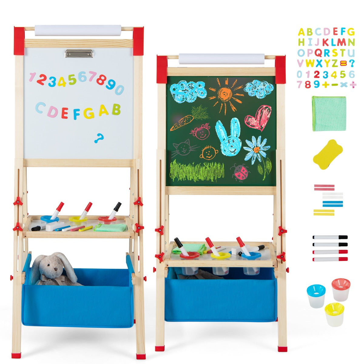 LIVSK 3-in-1 Houten Kinderezel - Verstelbaar van 102 tot 126 cm - Inclusief 60 Accessoires - Creatief Speelgoed - Naturel + Blauw