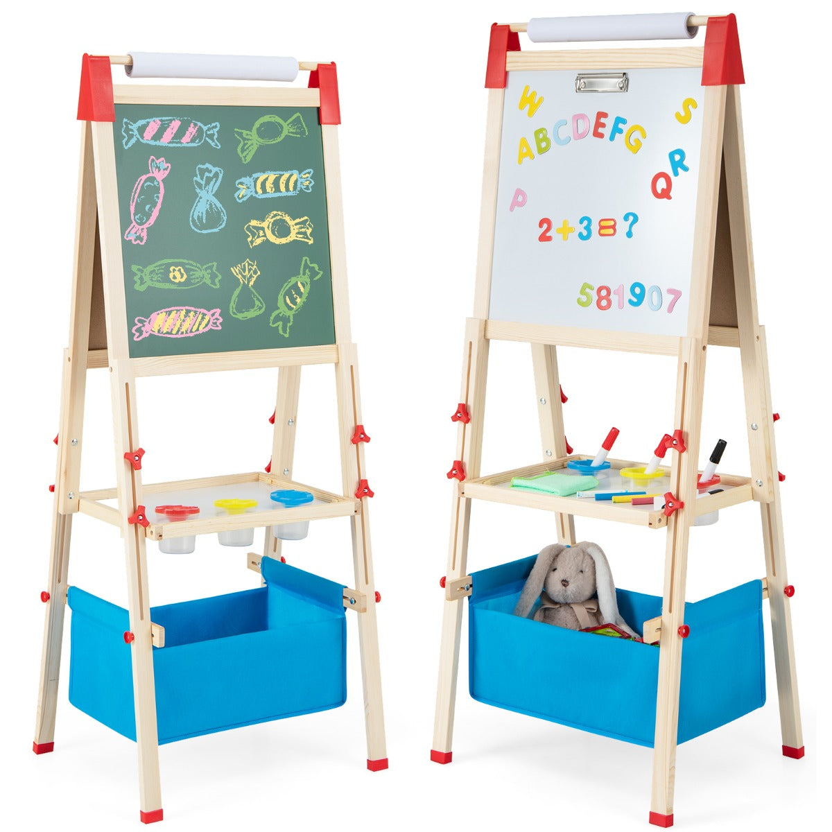 LIVSK 3-in-1 Houten Kinderezel - Verstelbaar van 102 tot 126 cm - Inclusief 60 Accessoires - Creatief Speelgoed - Naturel + Blauw