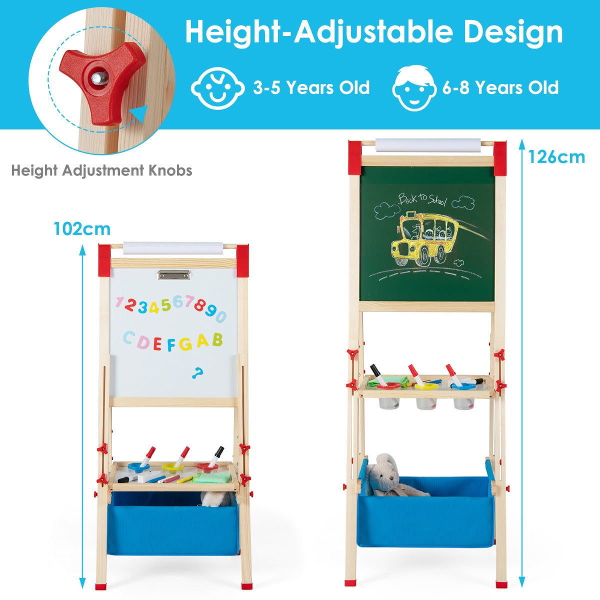 LIVSK 3-in-1 Houten Kinderezel - Verstelbaar van 102 tot 126 cm - Inclusief 60 Accessoires - Creatief Speelgoed - Naturel + Blauw