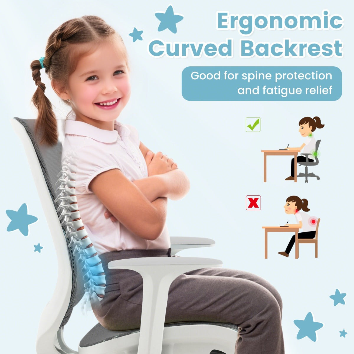 LIVSK Ergonomische Kinderbureaustoel - In hoogte verstelbaar van 80-92 cm - 360° Draaibaar - Comfortabele Nylon Mesh - Grijs