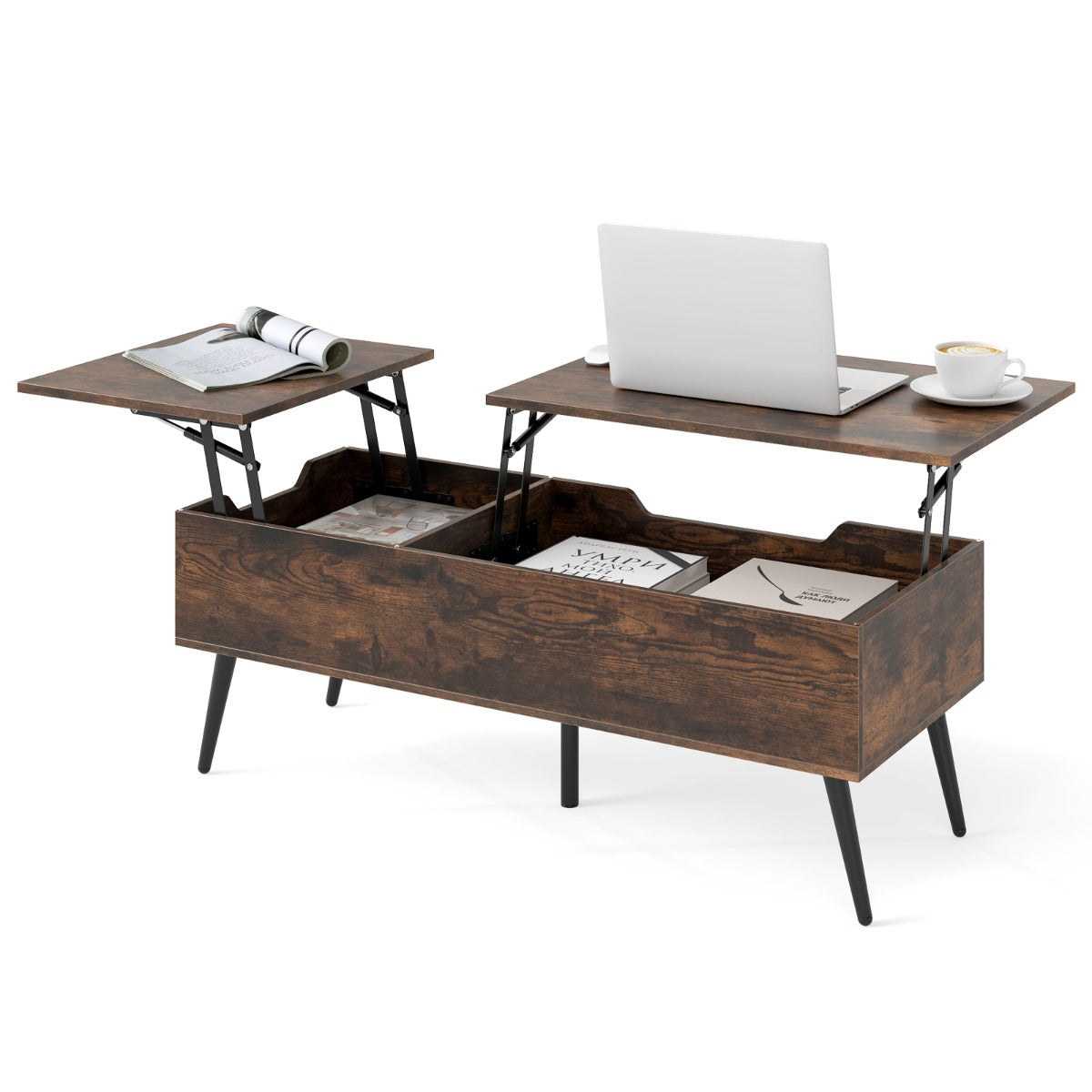 LIVSK Salontafel met Hefblad - 2 Opbergvakken - Verstelbare Hoogte tot 53,5 cm - Stevige Metalen Poten - Rustiek bruin