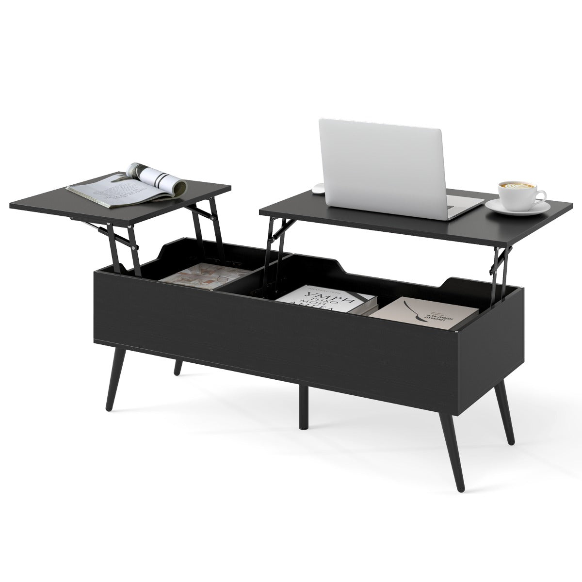 LIVSK Salontafel met Hefblad - Verstelbaar tot 53,5 cm - 2 Opbergvakken - Duurzaam - Antislip Voetdoppen - Zwart