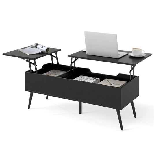 LIVSK Salontafel met Hefblad - Verstelbaar tot 53,5 cm - 2 Opbergvakken - Duurzaam - Antislip Voetdoppen - Zwart