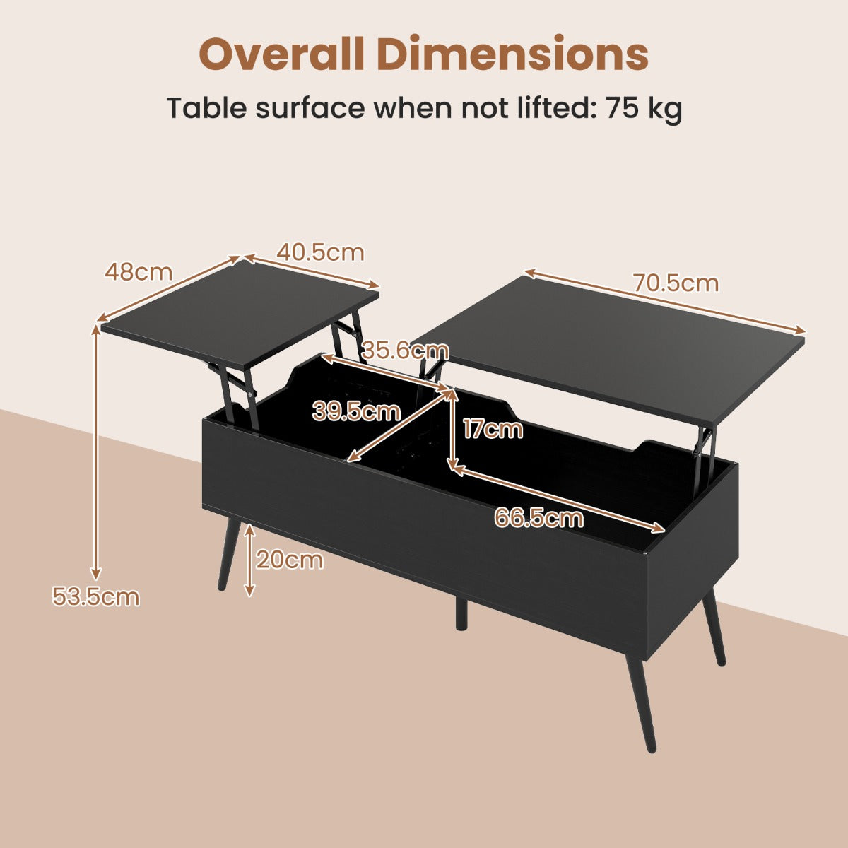 LIVSK Salontafel met Hefblad - Verstelbaar tot 53,5 cm - 2 Opbergvakken - Duurzaam - Antislip Voetdoppen - Zwart