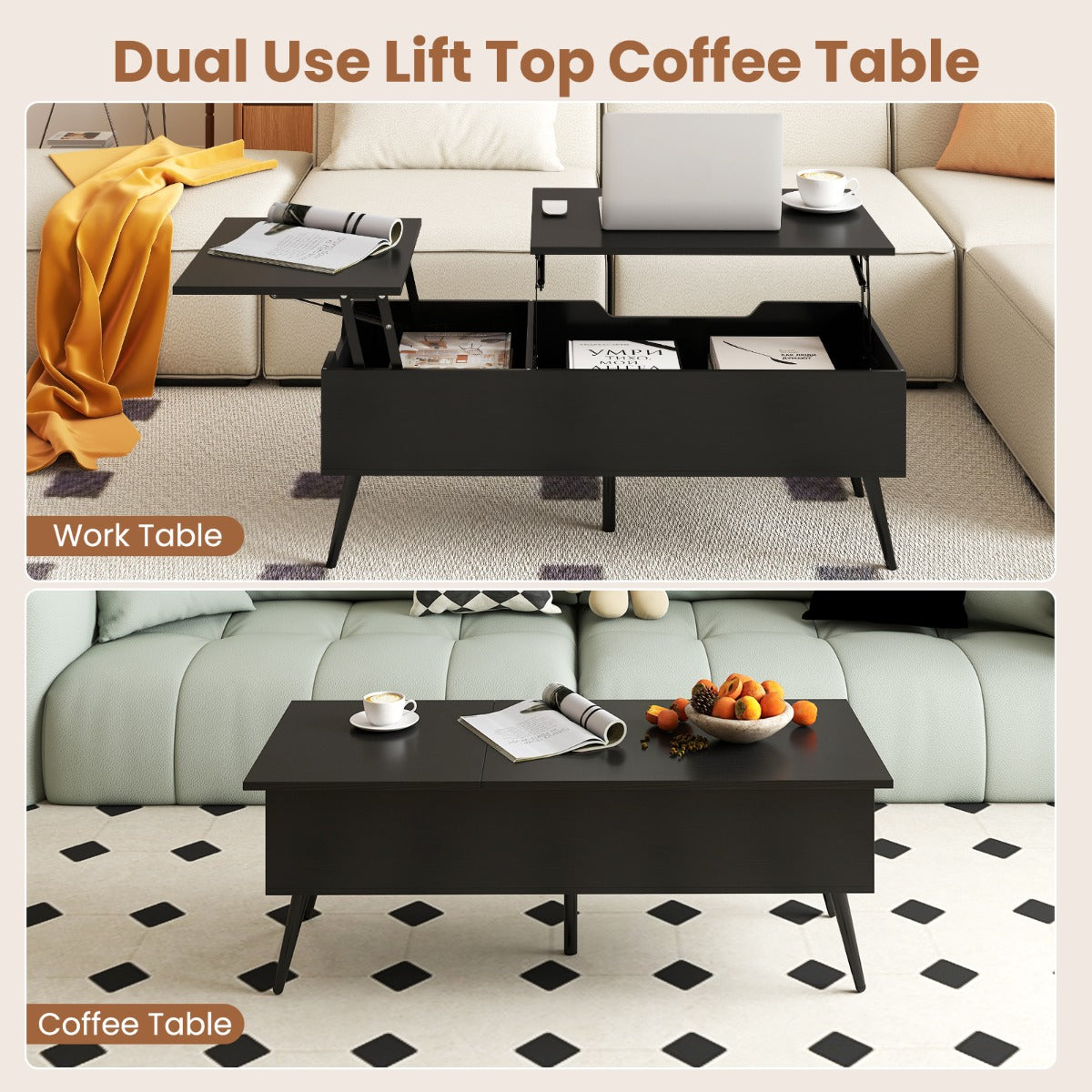 LIVSK Salontafel met Hefblad - Verstelbaar tot 53,5 cm - 2 Opbergvakken - Duurzaam - Antislip Voetdoppen - Zwart