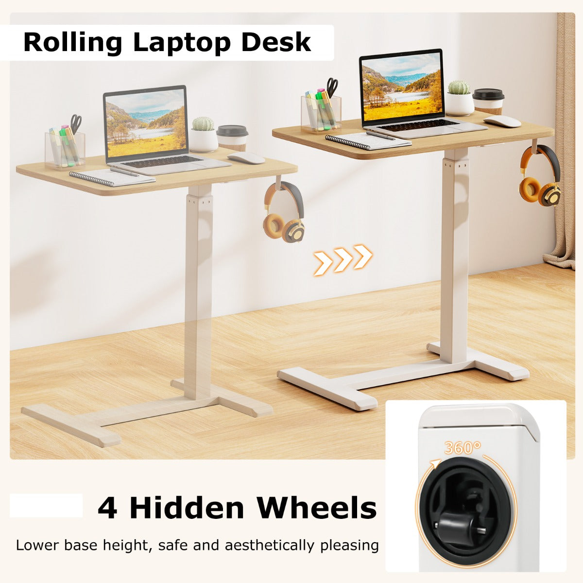 LIVSK Verstelbare Bijzettafel - Hoogte 65,5 tot 100 cm - Draaibare Bekerhouder - C-vormig - Tot 40 kg - Wit/Natural/Zwart