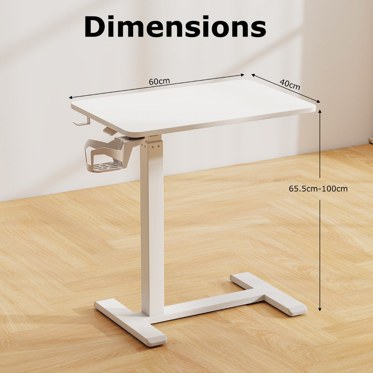 LIVSK Hoogte Verstelbare Bijzettafel - Draaibare Bekerhouder - 4 Verborgen Wielen - Staal tot 40 kg - 60 x 40 x 65,5 cm - Wit