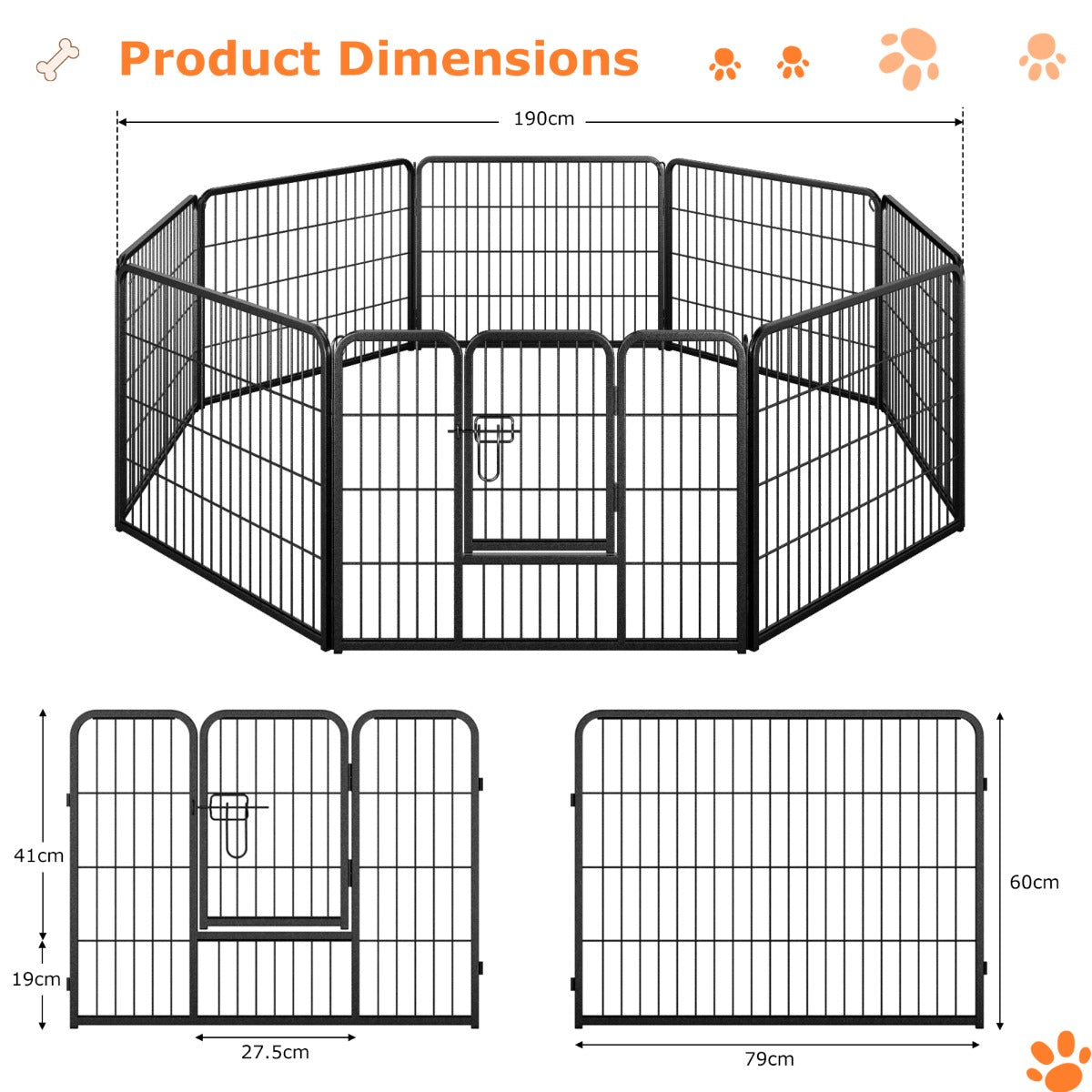LIVSK Opvouwbare Hondenren - 8 Panelen van 79 x 60 cm - Robuust Metaal - 3 Hoogtes - Geschikt voor Binnen en Buiten - Zwart