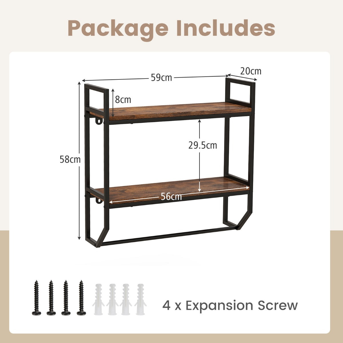 Livsk costway industrieel houten wandrek zwevend rek met stang rek met metalen frame ideaal voor woonkamer keuken en badkamer 2
