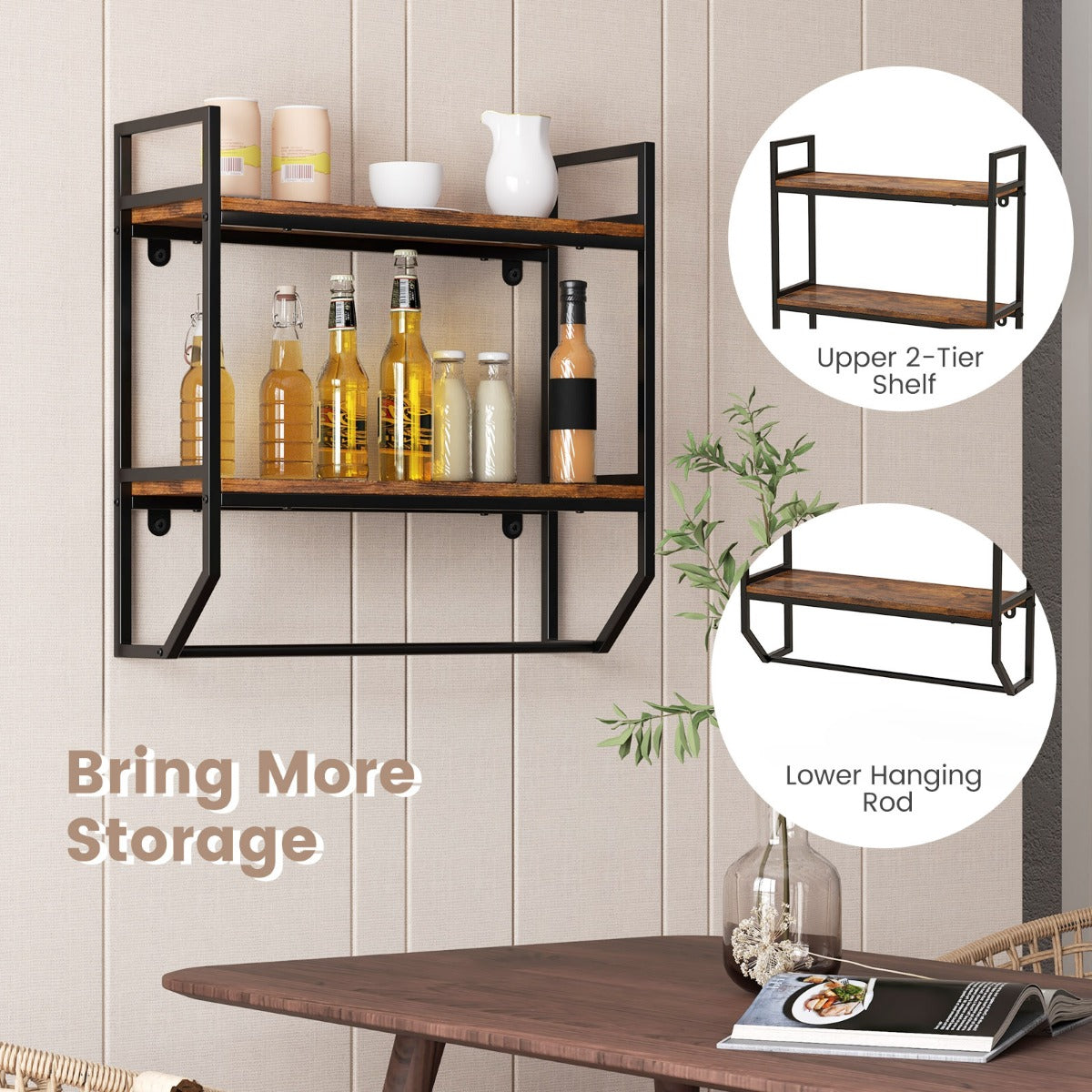 Livsk costway industrieel houten wandrek zwevend rek met stang rek met metalen frame ideaal voor woonkamer keuken en badkamer 4