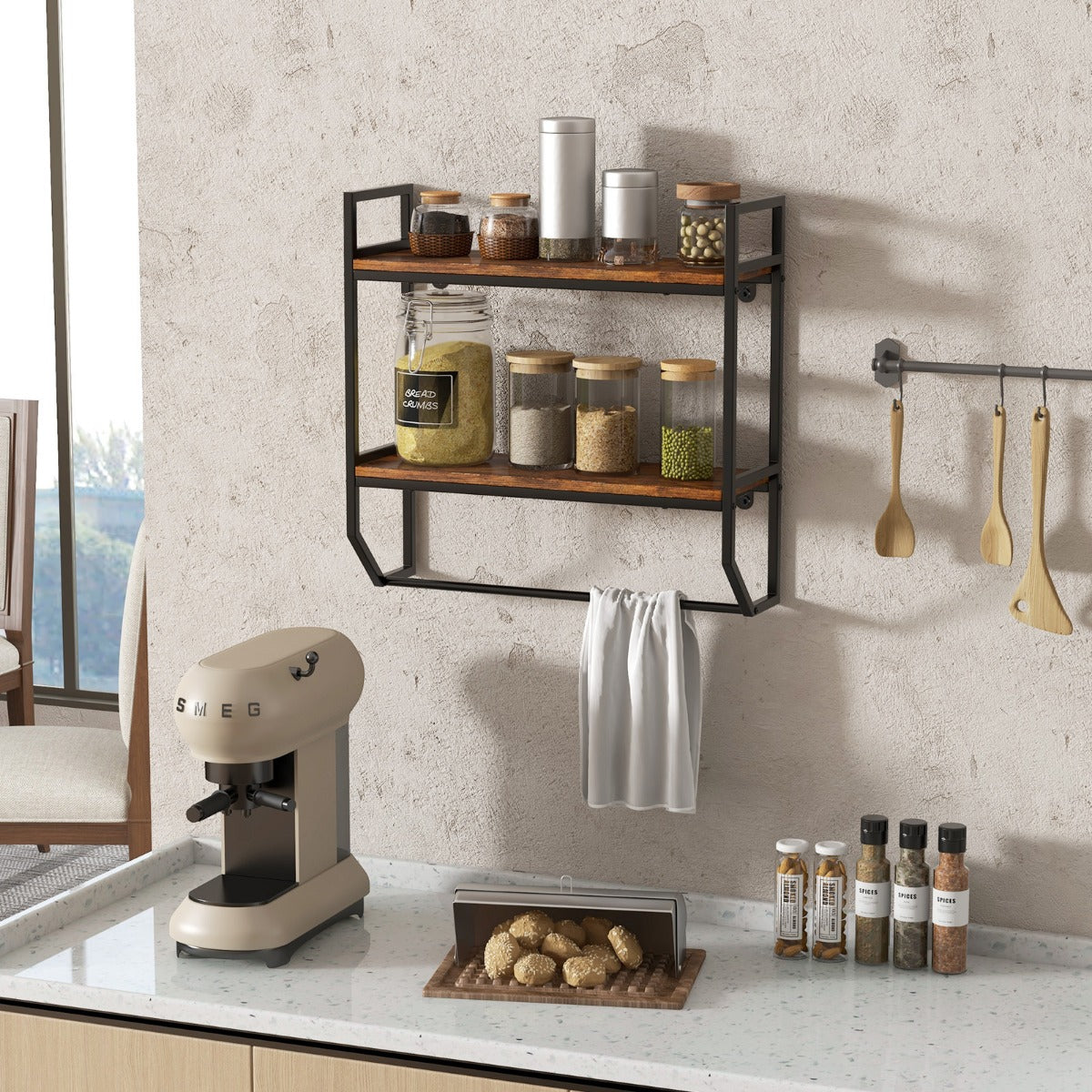 Livsk costway industrieel houten wandrek zwevend rek met stang rek met metalen frame ideaal voor woonkamer keuken en badkamer 6