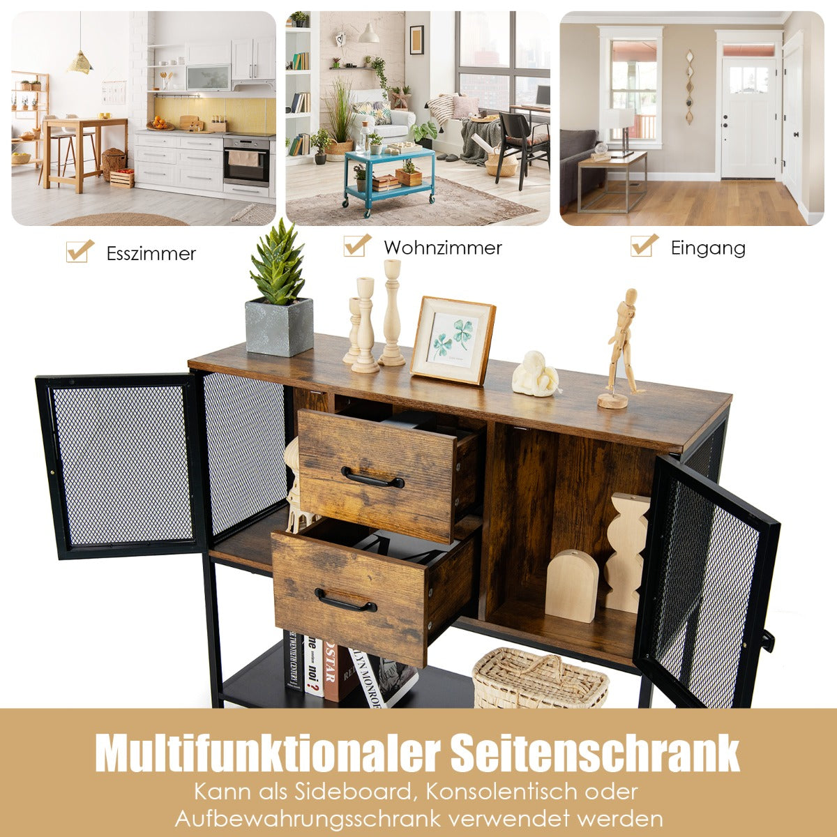 LIVSK Industrieel Bijzetkast - 2 Gaaskasten - 2 Lades - Duurzaam MDF en Staal - Antislip - 100 x 35 x 85 cm - Rustiek bruin +