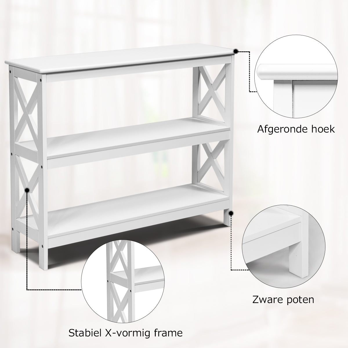 Livsk costway industriele 3 laagse consoletafel rustieke bank bijzettafel met opbergplank x ontwerp boekenplank wit 4