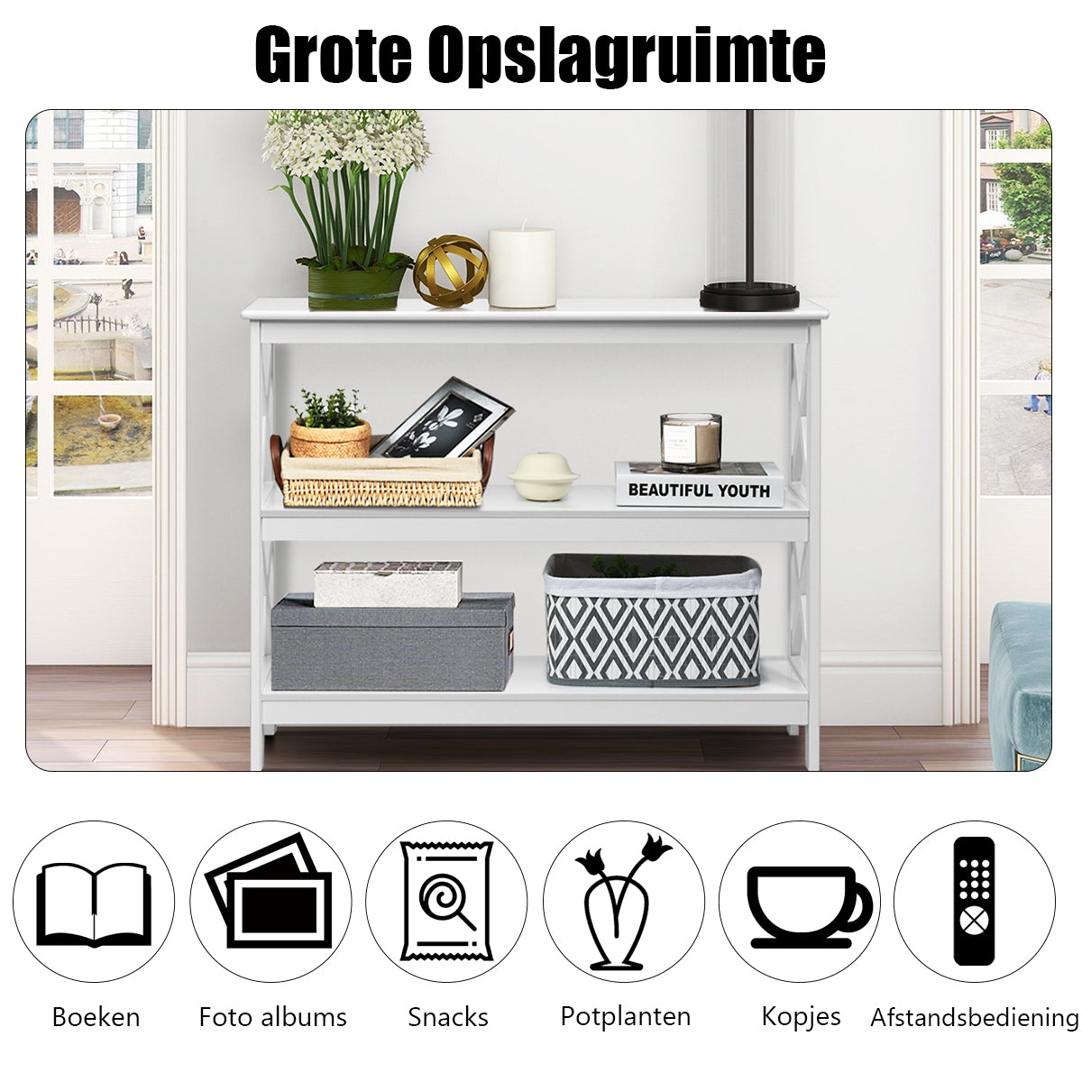 Livsk costway industriele 3 laagse consoletafel rustieke bank bijzettafel met opbergplank x ontwerp boekenplank wit 5