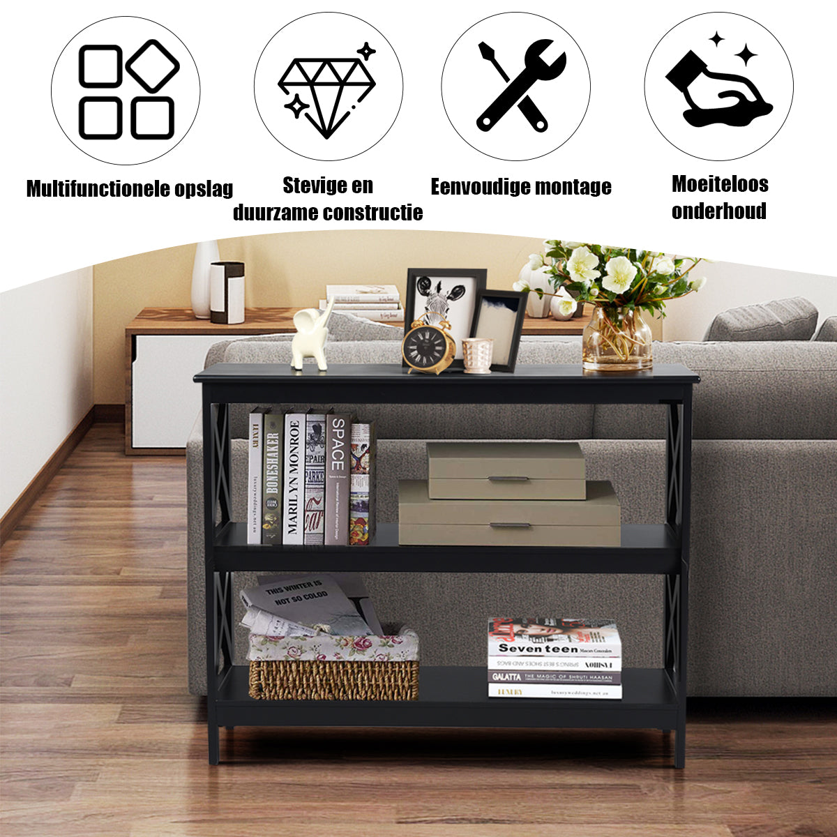 Livsk costway industriele 3 laagse consoletafel rustieke bank bijzettafel met opbergplank x ontwerp boekenplank zwart 3