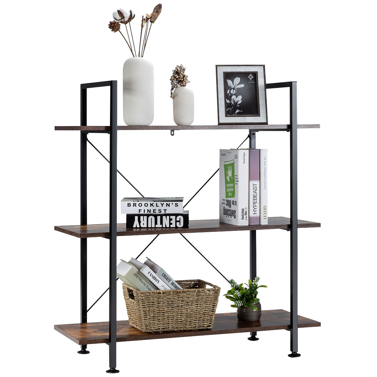 LIVSK Multifunctionele Boekenkast - 3 Niveaus - Duurzaam Spaanplaat en IJzer - Retro Design - Tot 10 kg per plank - Zoals