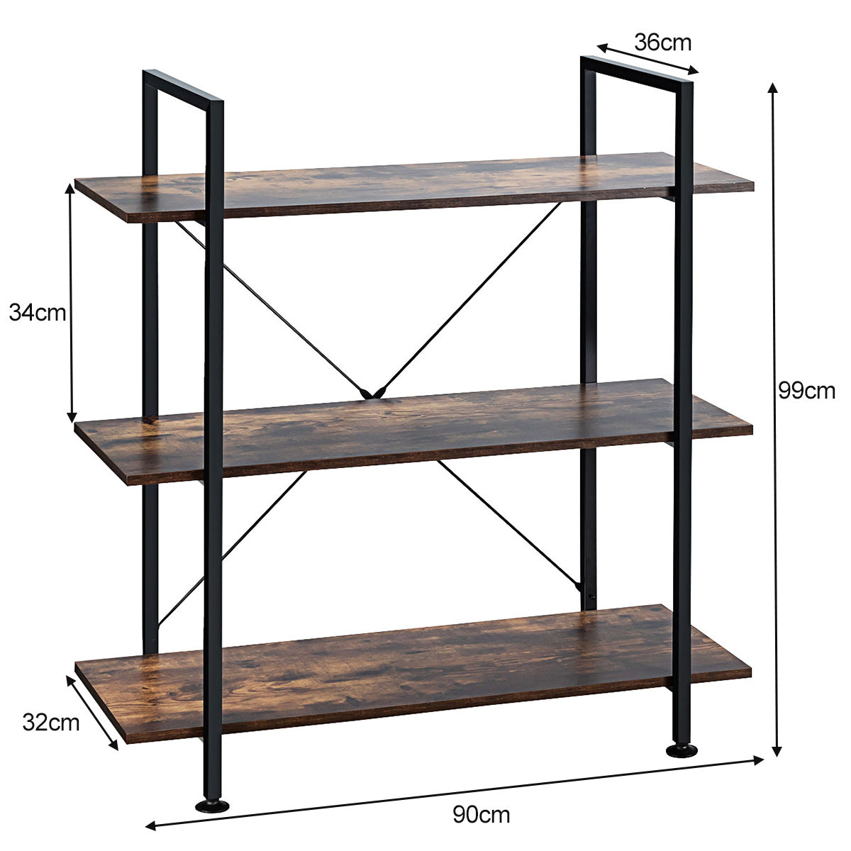 LIVSK Multifunctionele Boekenkast - 3 Niveaus - Duurzaam Spaanplaat en IJzer - Retro Design - Tot 10 kg per plank - Zoals