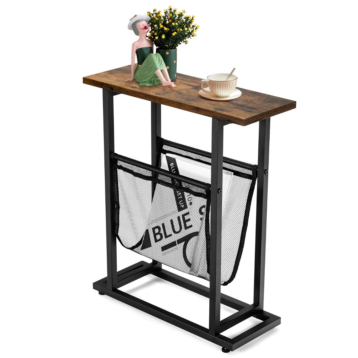 LIVSK Industriële Bijzettafel - Gaas Tijdschriftenhouder - Compact 48 x 18 x 54,5 cm - Stevig Stalen Onderstel - Zwart