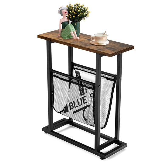 LIVSK Industriële Bijzettafel - Gaas Tijdschriftenhouder - Compact 48 x 18 x 54,5 cm - Stevig Stalen Onderstel - Zwart