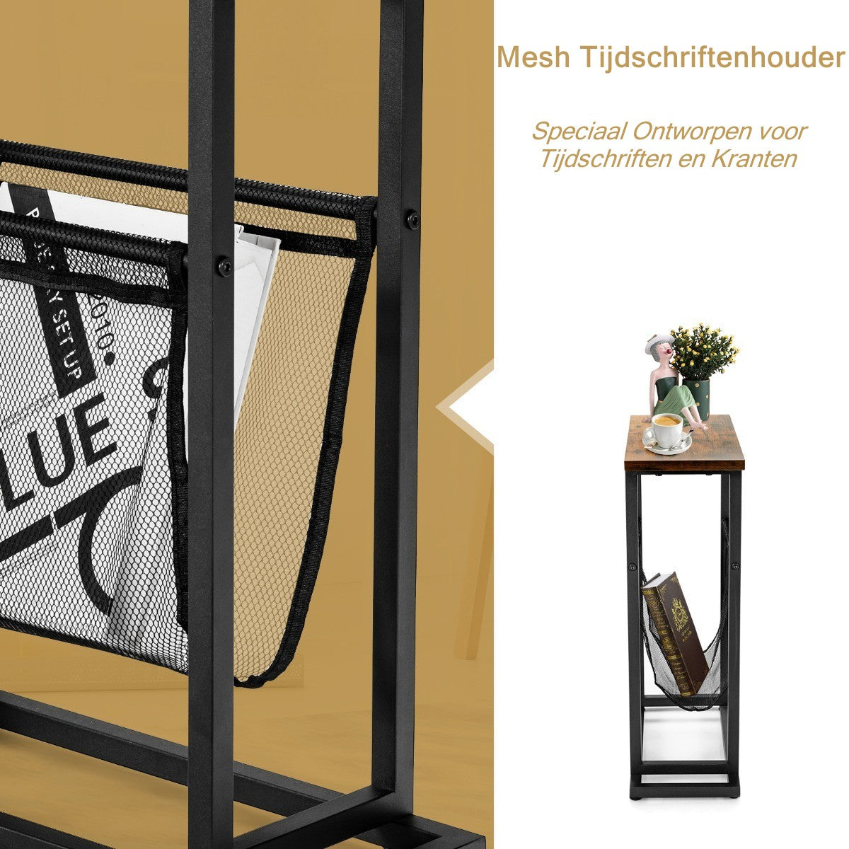LIVSK Industriële Bijzettafel - Gaas Tijdschriftenhouder - Compact 48 x 18 x 54,5 cm - Stevig Stalen Onderstel - Zwart