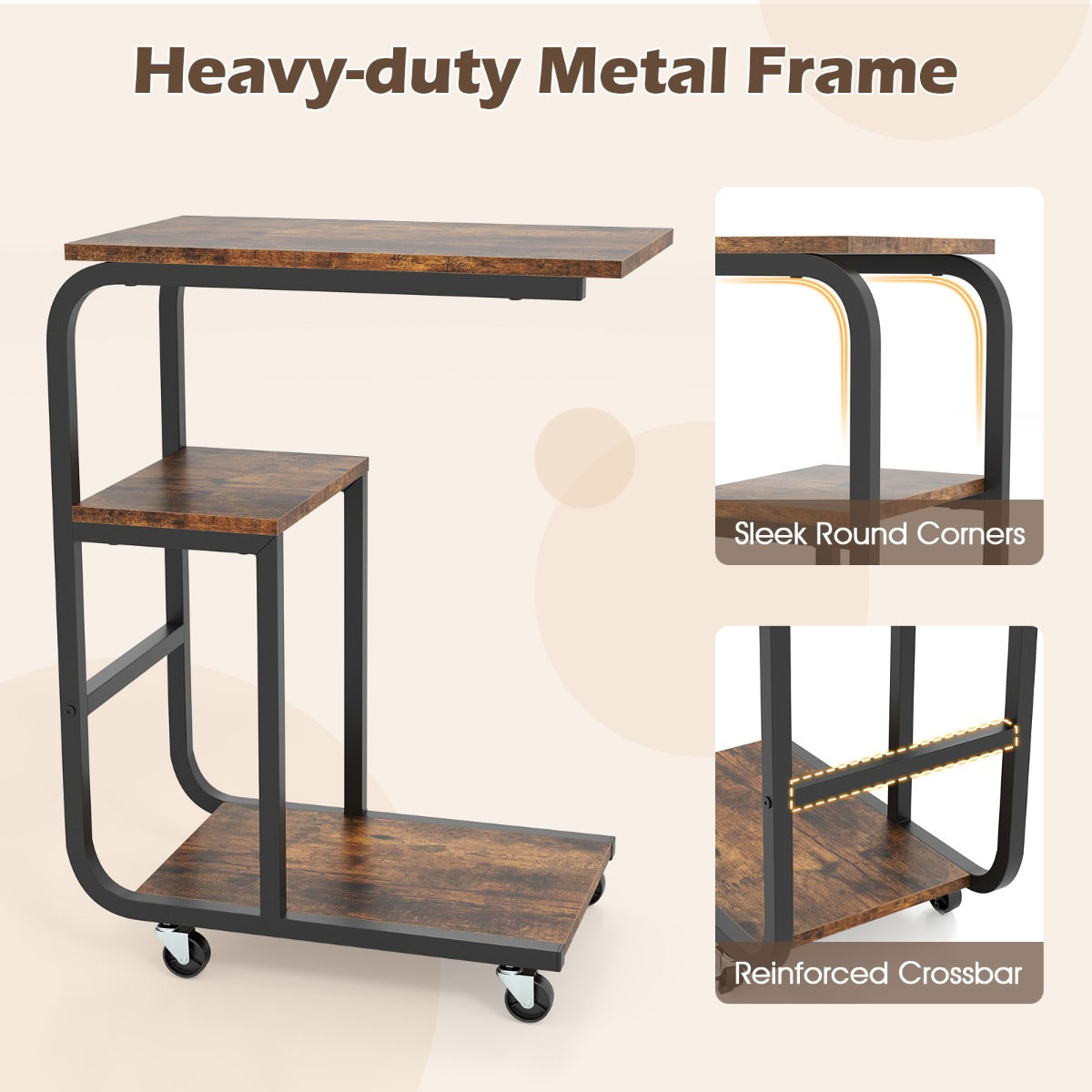 LIVSK C-vormige bijzettafel - 3-niveaus opbergsysteem - Vergrendelbare wielen - Stevig metalen frame - Rustiek bruin + zwart