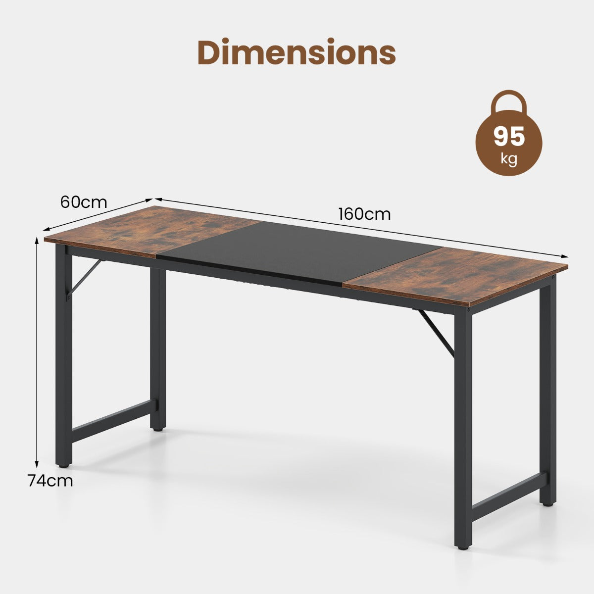 LIVSK Werktafel - Robuust Metalen Frame - Ruimte van 160 x 60 cm - Tot 95 kg - Ondersteuning voor Comfort - Rustiek Bruin + Zwart