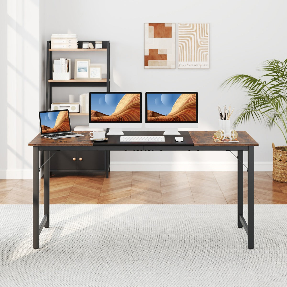 LIVSK Werktafel - Robuust Metalen Frame - Ruimte van 160 x 60 cm - Tot 95 kg - Ondersteuning voor Comfort - Rustiek Bruin + Zwart