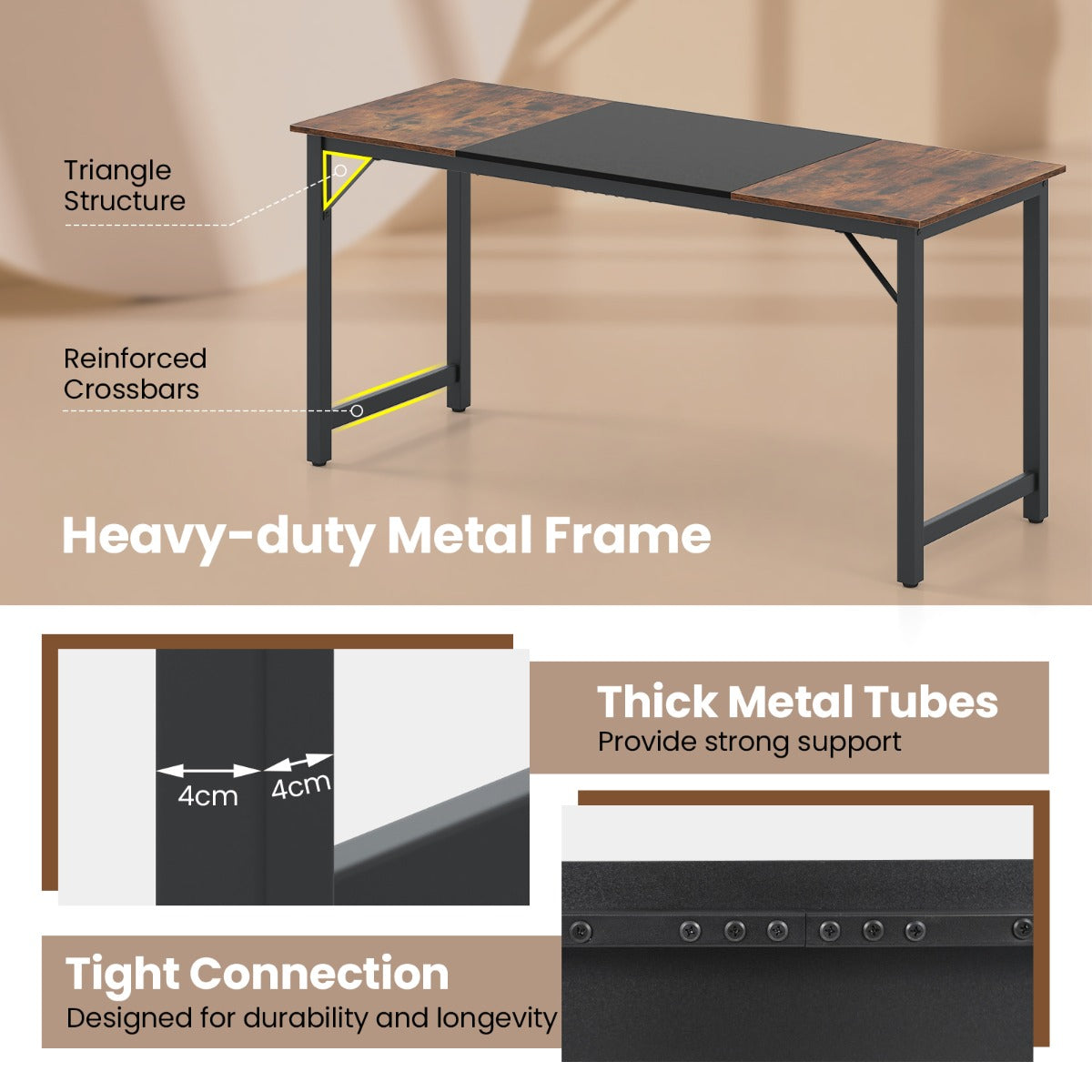 LIVSK Werktafel - Robuust Metalen Frame - Ruimte van 160 x 60 cm - Tot 95 kg - Ondersteuning voor Comfort - Rustiek Bruin + Zwart