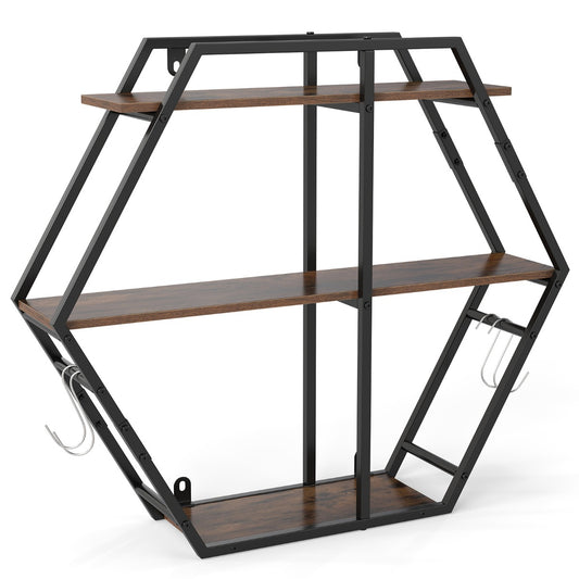 Livsk costway industriele hexagon wandplank decoratieve zwevende plank met 3 niveaus haken en stevig metalen frame