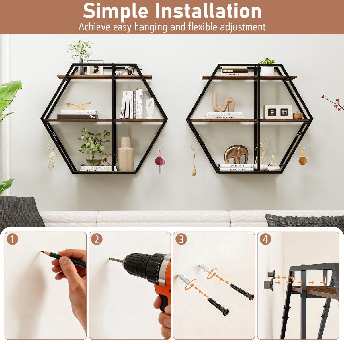 Livsk costway industriele hexagon wandplank decoratieve zwevende plank met 3 niveaus haken en stevig metalen frame