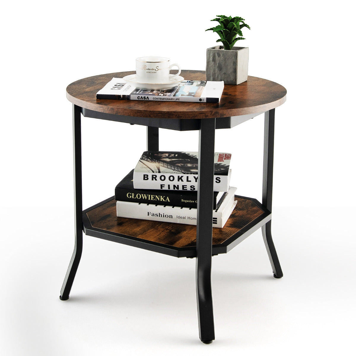 LIVSK Ronde Salontafel met 2 Lagen - Rustiek Bruin Hout - Stalen Frame - Stevig Tot 50 kg - Robotstofzuiger Vriendelijk - 50 x 50
