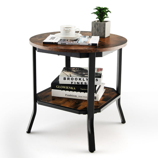 LIVSK Ronde Salontafel met 2 Lagen - Rustiek Bruin Hout - Stalen Frame - Stevig Tot 50 kg - Robotstofzuiger Vriendelijk - 50 x 50