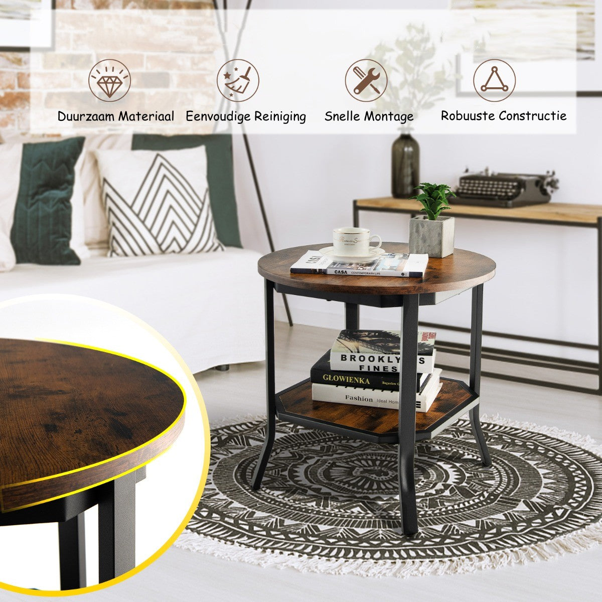 LIVSK Ronde Salontafel met 2 Lagen - Rustiek Bruin Hout - Stalen Frame - Stevig Tot 50 kg - Robotstofzuiger Vriendelijk - 50 x 50