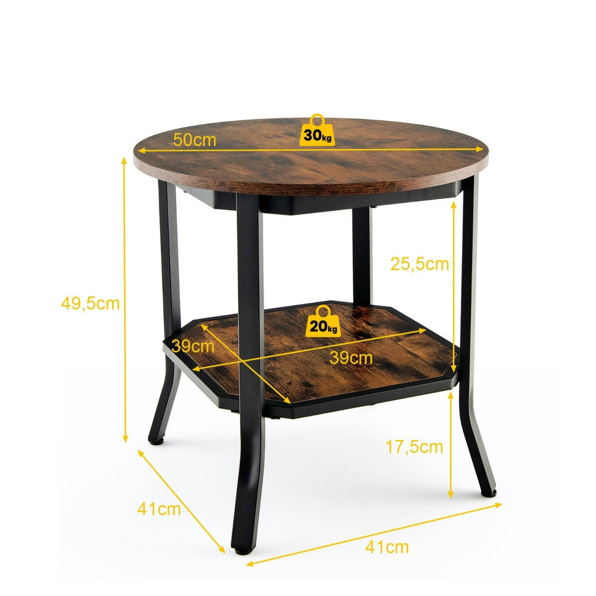 LIVSK Ronde Salontafel met 2 Lagen - Rustiek Bruin Hout - Stalen Frame - Stevig Tot 50 kg - Robotstofzuiger Vriendelijk - 50 x 50