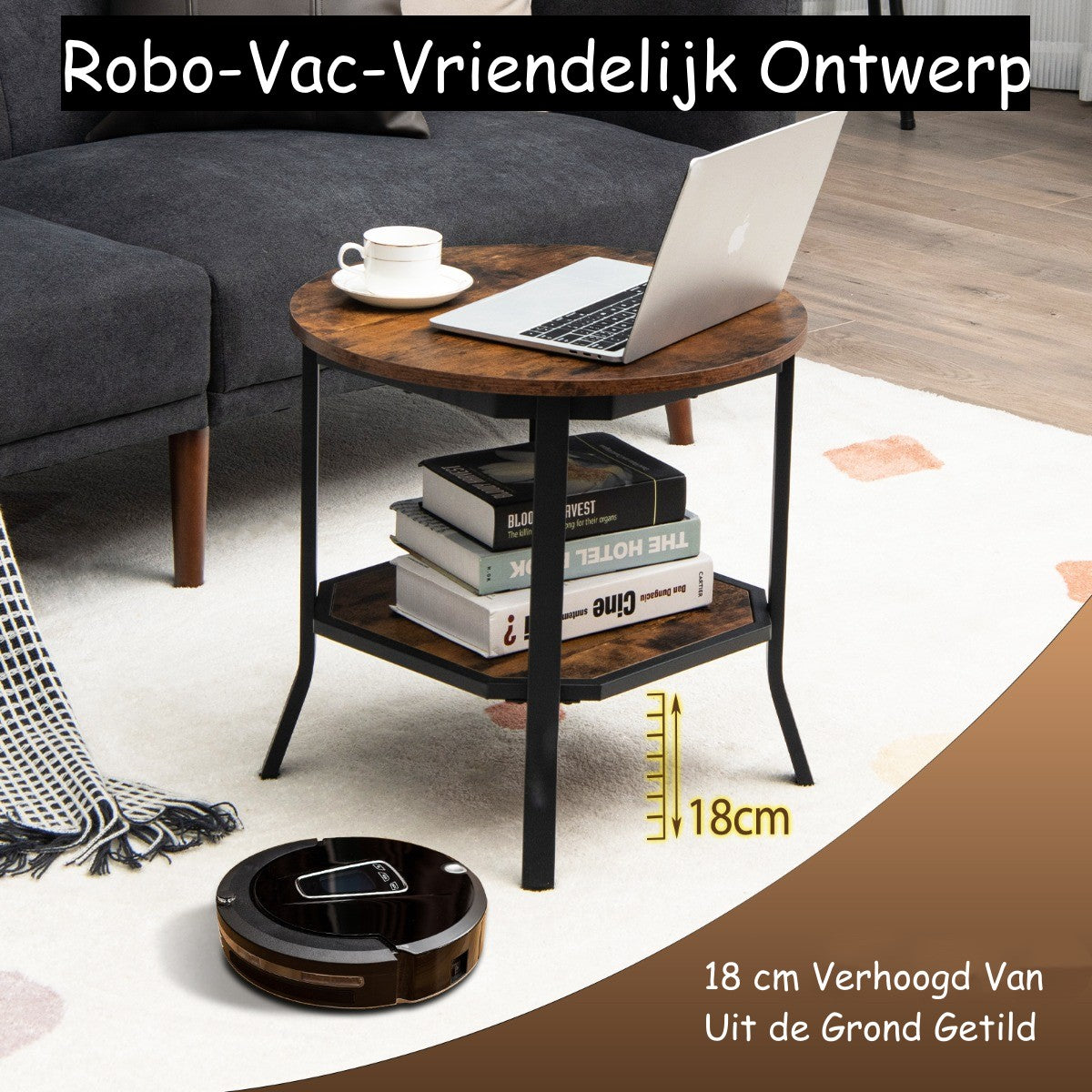 LIVSK Ronde Salontafel met 2 Lagen - Rustiek Bruin Hout - Stalen Frame - Stevig Tot 50 kg - Robotstofzuiger Vriendelijk - 50 x 50