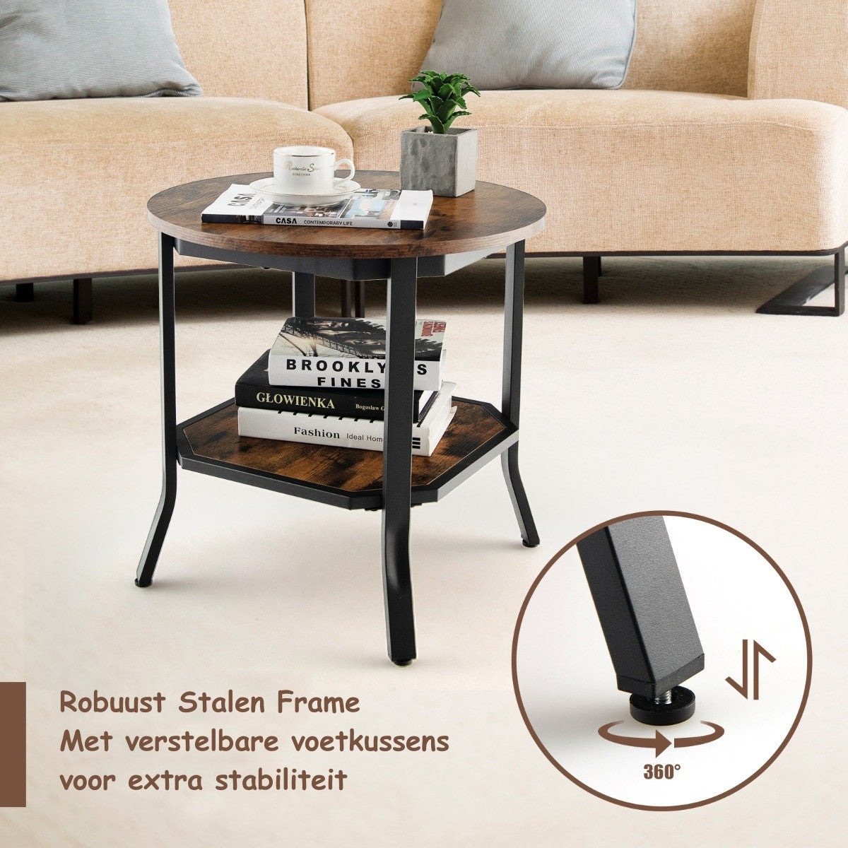 LIVSK Ronde Salontafel met 2 Lagen - Rustiek Bruin Hout - Stalen Frame - Stevig Tot 50 kg - Robotstofzuiger Vriendelijk - 50 x 50