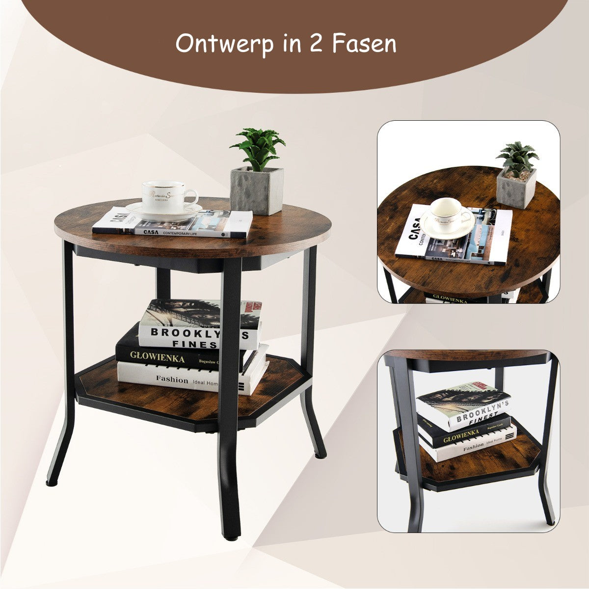 LIVSK Ronde Salontafel met 2 Lagen - Rustiek Bruin Hout - Stalen Frame - Stevig Tot 50 kg - Robotstofzuiger Vriendelijk - 50 x 50