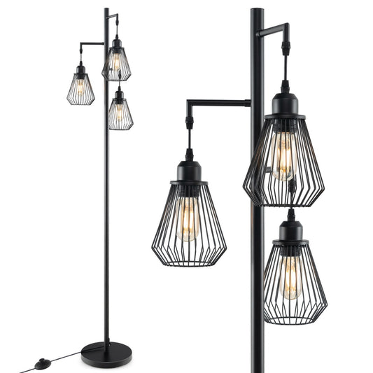 LIVSK Vintage Boerderijhoekboomlamp - 3 Vogelkooilampenkappen - Voetschakelaar - Zware Cementbasis - Zwart