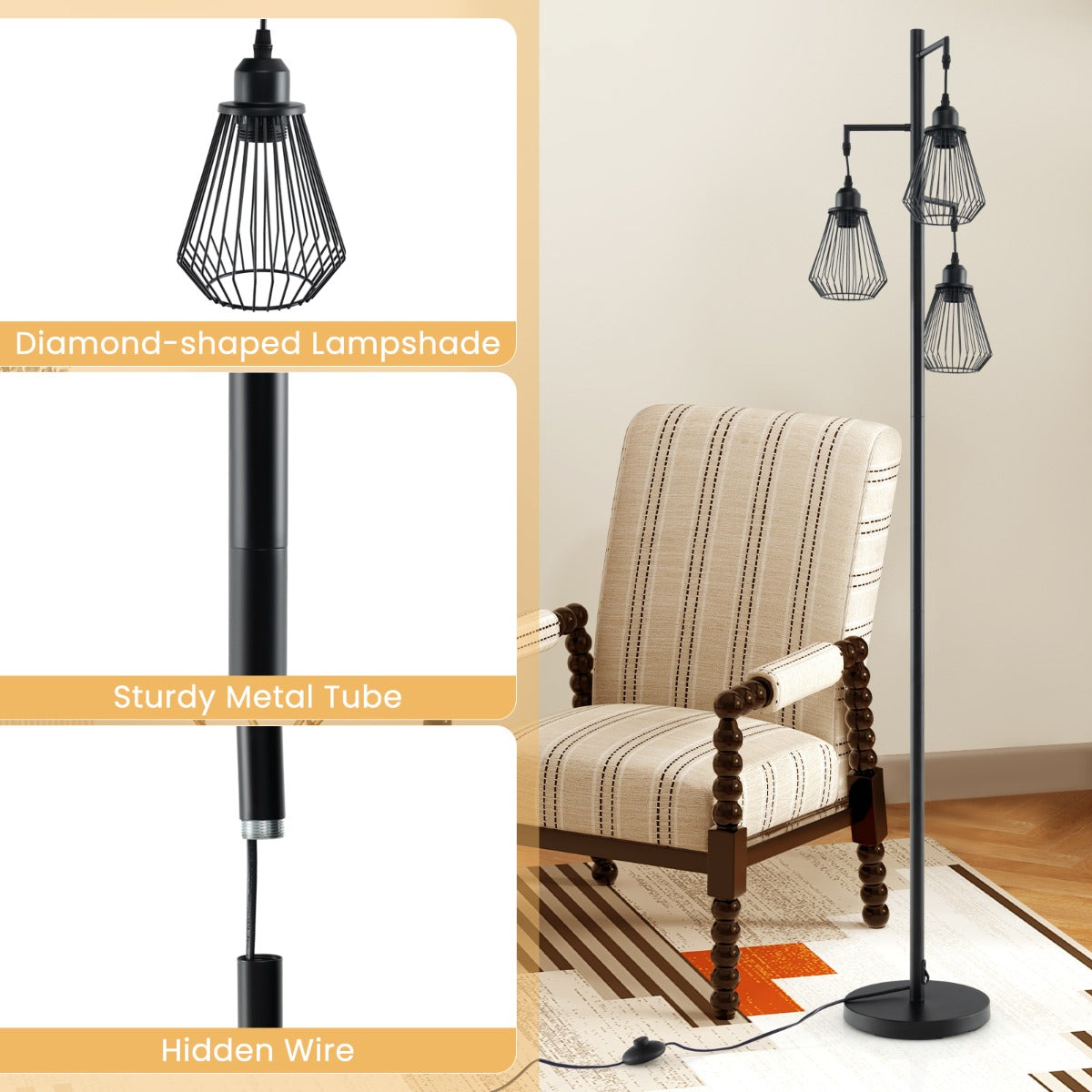 LIVSK Vintage Boerderijhoekboomlamp - 3 Vogelkooilampenkappen - Voetschakelaar - Zware Cementbasis - Zwart