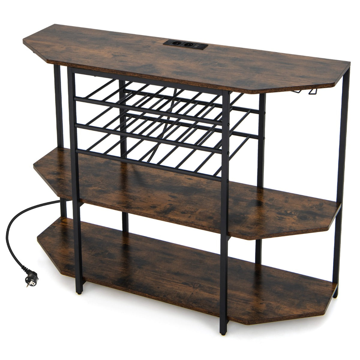 LIVSK Wijnrek met Glazenhouders en Oplaadstation - Opslag voor 21 Flessen - 3 Ruime Planken - 120 x 40 x 92 cm - Rustiek bruin