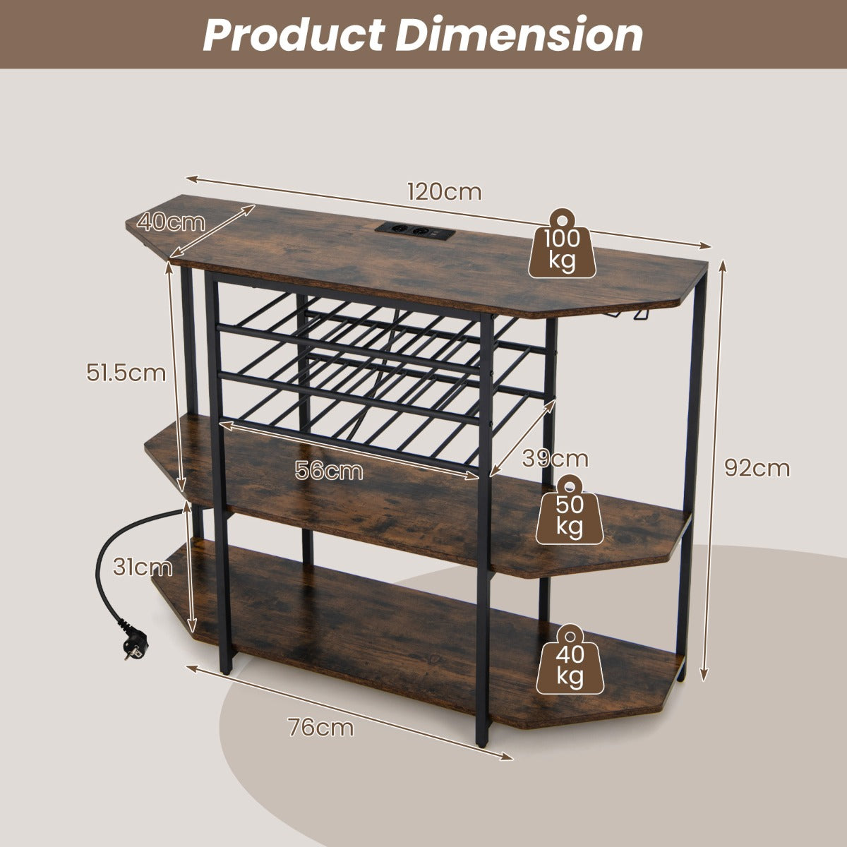 LIVSK Wijnrek met Glazenhouders en Oplaadstation - Opslag voor 21 Flessen - 3 Ruime Planken - 120 x 40 x 92 cm - Rustiek bruin